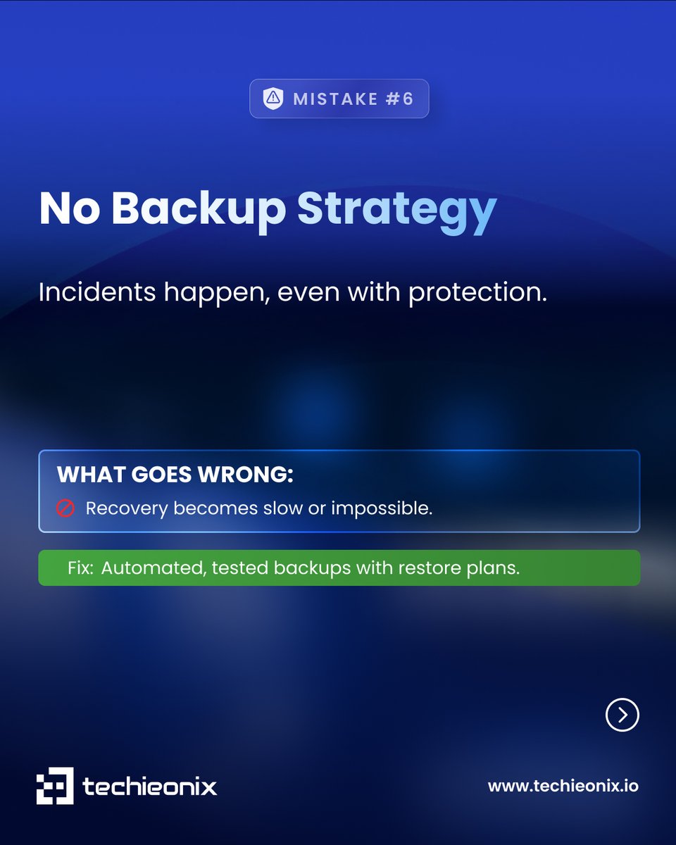 techieonix's tweet photo. 7/9 Mistake #6: No backup strategy
Incidents happen, even with protection.
What goes wrong: recovery becomes slow or impossible.
Fix: automated + tested backups with restore plans.
https://t.co/7stYtB20FW
#techieonix #designbytechieonix #websites #Development https://t.co/Z3dp8iEwJf