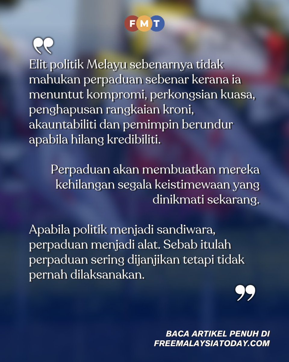 #PandanganFMT Orang Melayu yang biasa akhirnya menanggung akibat pergaduhan kelompok atasan.

Artikel Penuh: freemalaysiatoday.com/category/bahas…
