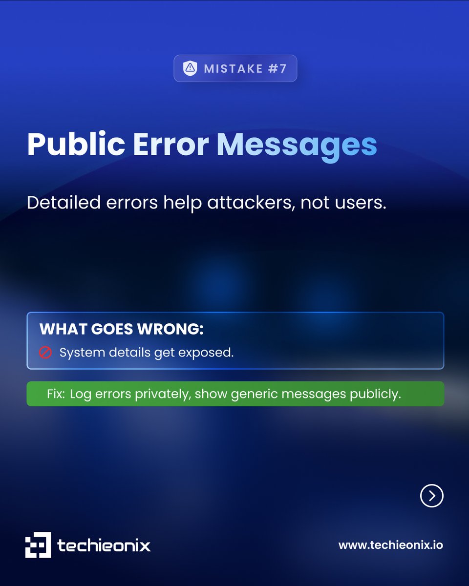 techieonix's tweet photo. 8/9 Mistake #7: Public error messages
Detailed errors help attackers, not users.
What goes wrong: system details get exposed.
Fix: log privately, show generic messages publicly.
Get a security audit:
https://t.co/7stYtB20FW
#techieonix #designbytechieonix #websites #Development https://t.co/A05dxZBOsE