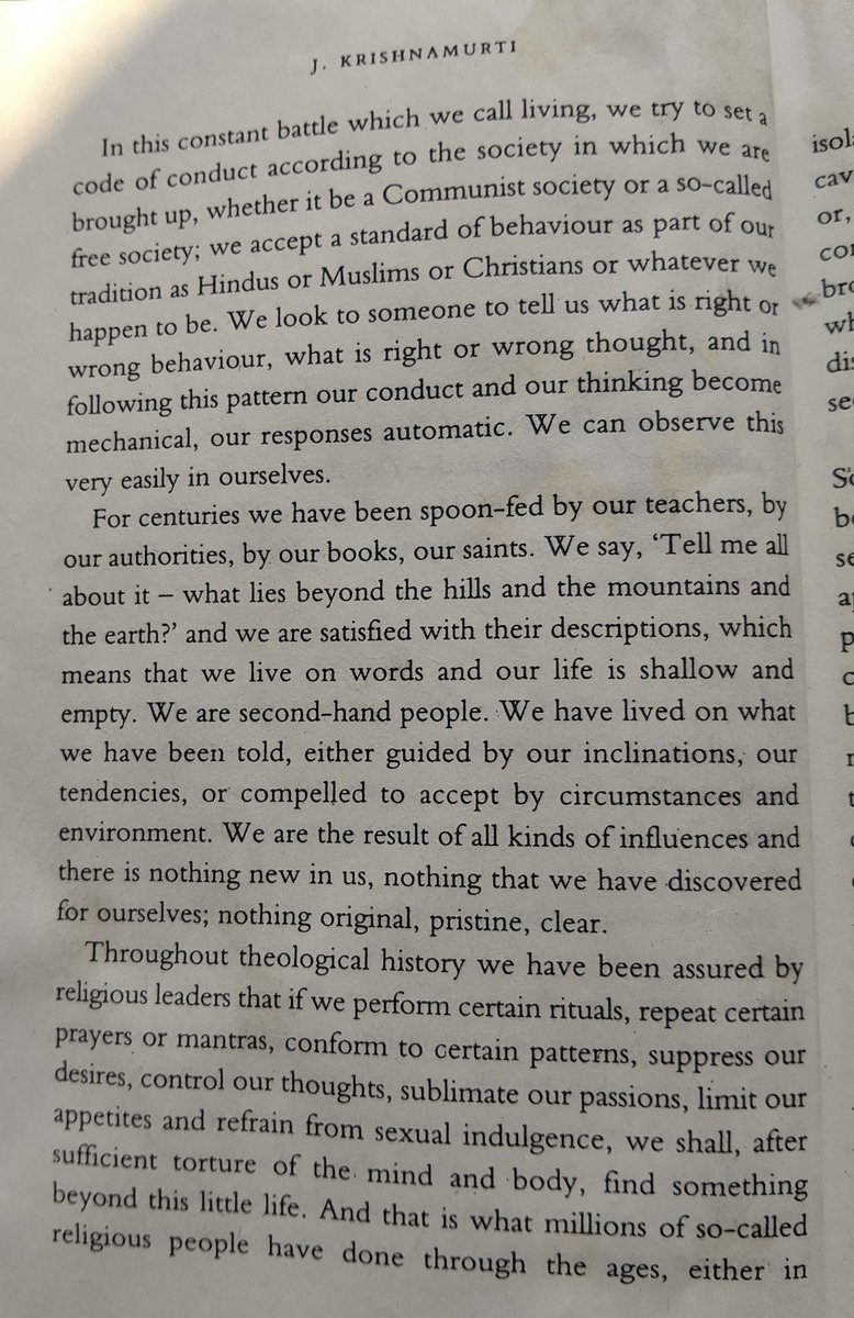 ICPC672158's tweet photo. For centuries we have been spoon-fed by our teachers, by our
authorities, by our books, our saints. We say, ‘Tell me all about it—what
lies beyond the hills and the mountains and the earth?’ and we are satisfied
with their descriptions, which means that we live on words https://t.co/CtdCi0zhAK