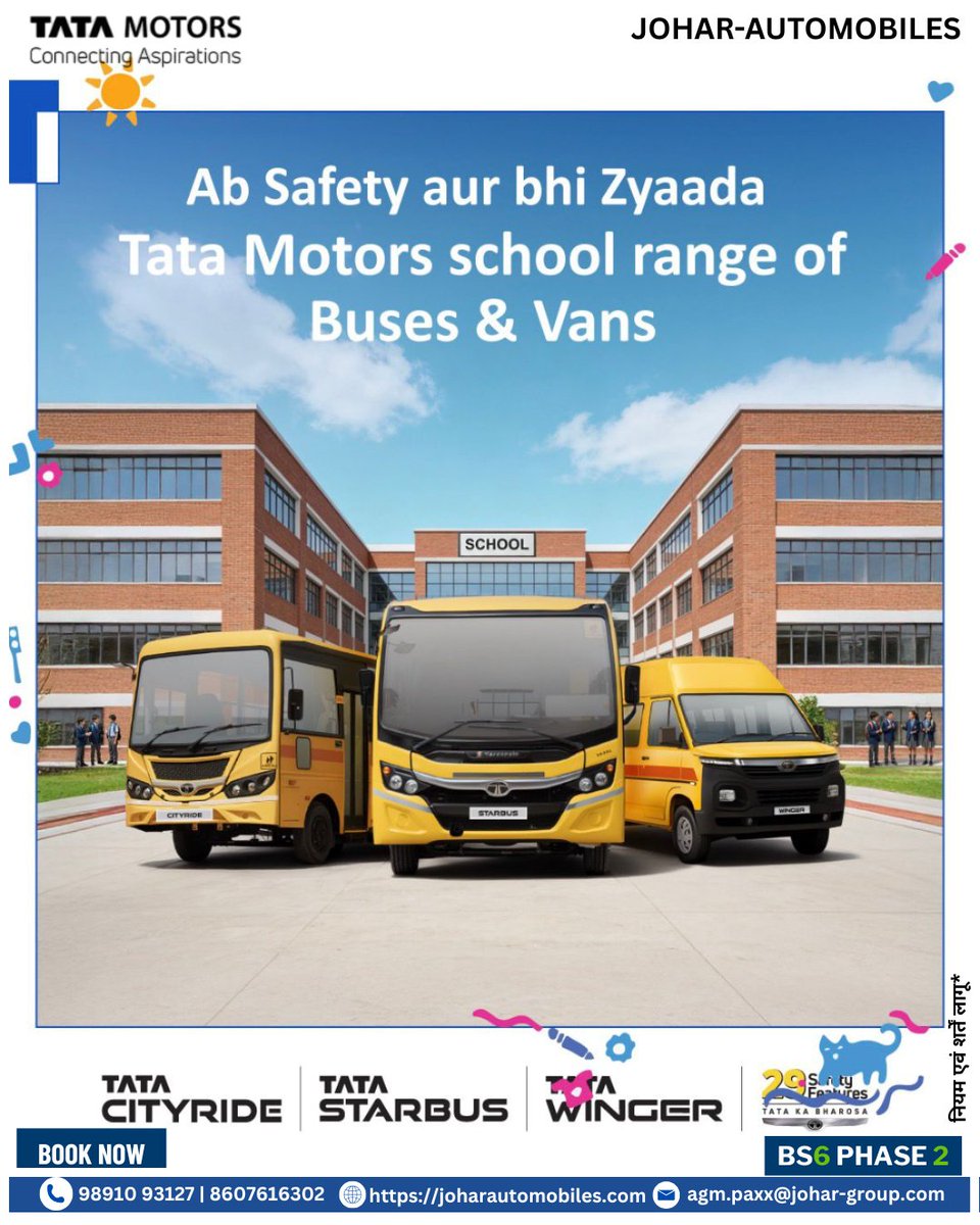 johartatamotors's tweet photo. Tata Motors School Buses Range: Comfortable journeys, superior performance.
धिक जानकारी और गाड़ी बुक करने के लिए तुरंत संपर्क कीजिए जौहर ऑटोमोबाइल्स-:📞+918586977331
#joharautomobiles #DeshKeTrucks #TataMotors #Tata #tatamotorsbusesrange #Starbus #winger #BookNow #BS6Engine https://t.co/AuPZPcYOA1
