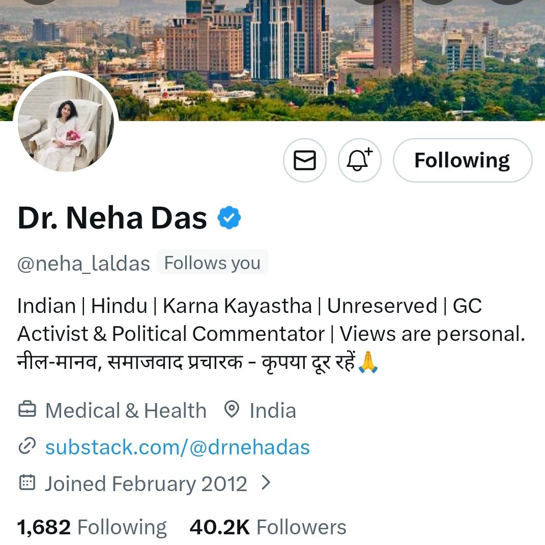 सभी न्यूज़ चैनल वाले से अनुरोध है किसी भी जातिगत मुद्दे पर पक्ष रखने के लिए सामान्य वर्ग प्रतिनिधि के तौर पर <a href="/neha_laldas/">Dr. Neha Das</a> जी को ही बुलाये। हमलोगों का पक्ष यही रखेंगी।