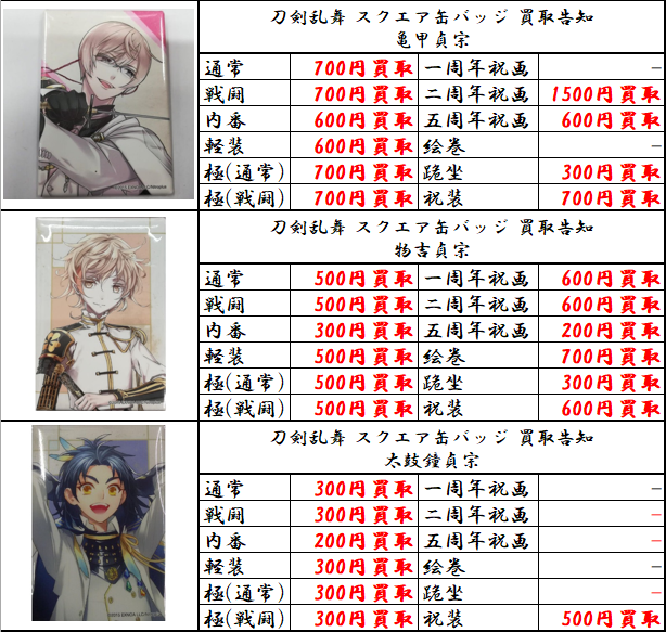 買取情報】刀剣乱舞 ・スクエア缶バッジ各種 当店の買取ご利用お待ちし