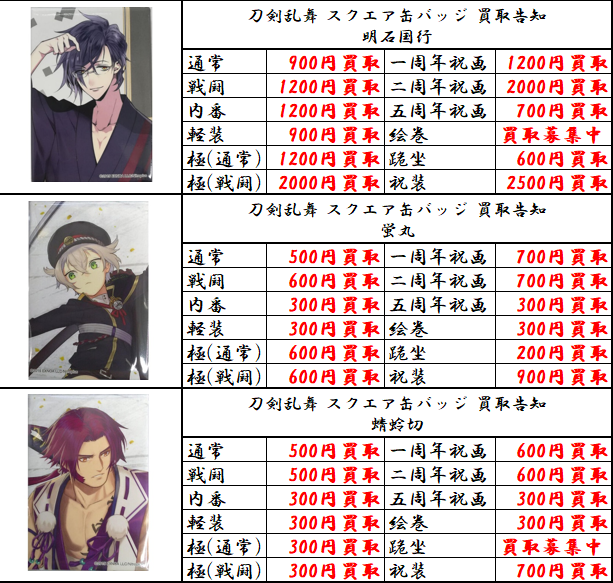 買取情報】刀剣乱舞 ・スクエア缶バッジ各種 当店の買取ご利用お待ちし