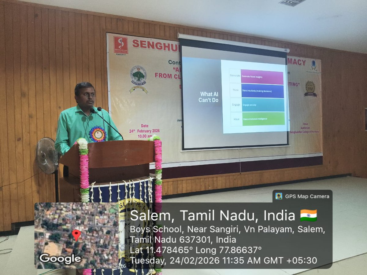 ecperode's tweet photo. Congratulations to Dr. C. Kannan, Professor, The Erode College of Pharmacy, for serving as Resource Person on 24.02.2026 at Senghundhar College of Pharmacy.
He delivered an insightful talk on AI-driven innovations in pharmacy education and research. Our M.Pharm students attended. https://t.co/5FaOp4WuHL