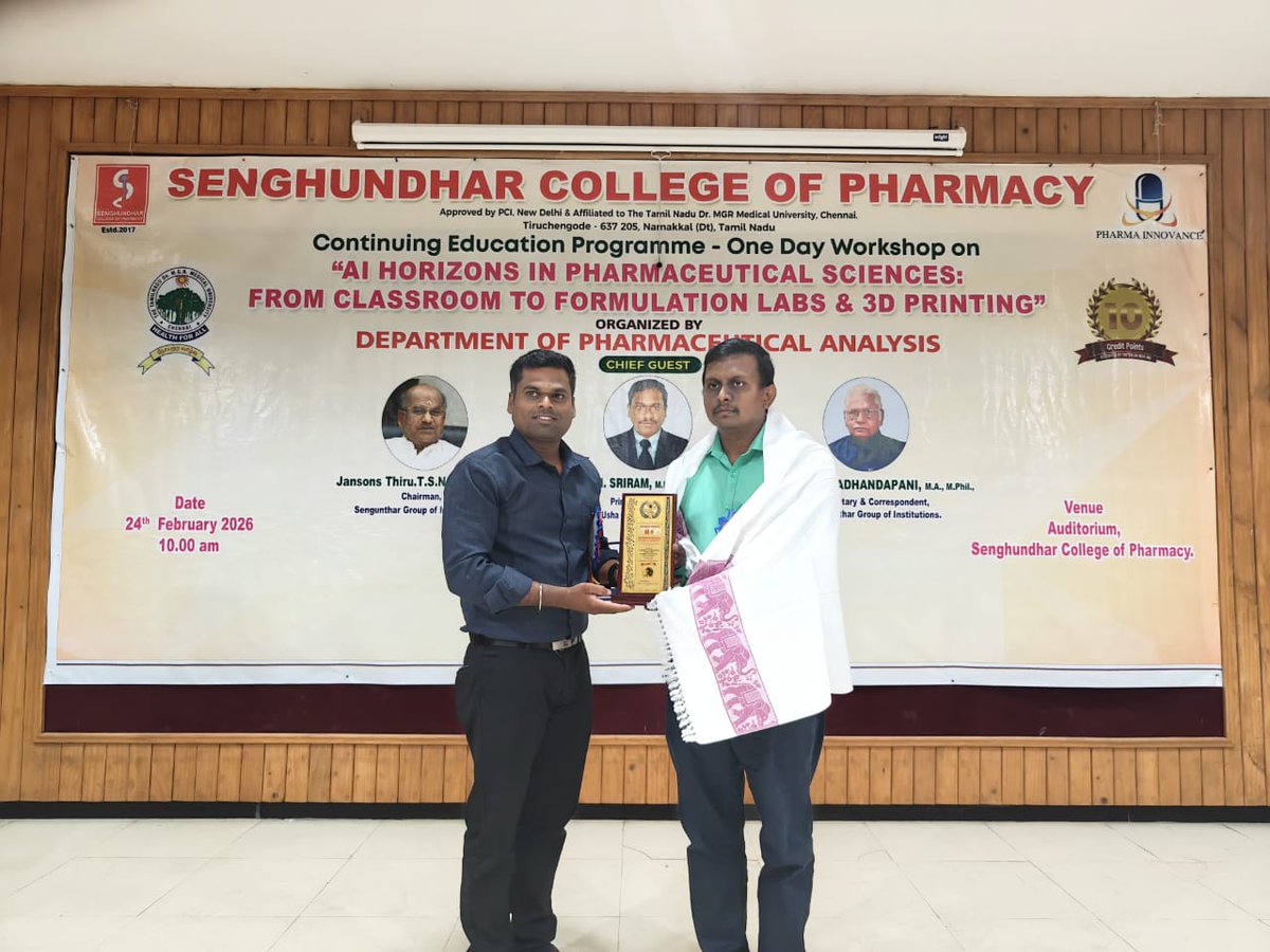 ecperode's tweet photo. Congratulations to Dr. C. Kannan, Professor, The Erode College of Pharmacy, for serving as Resource Person on 24.02.2026 at Senghundhar College of Pharmacy.
He delivered an insightful talk on AI-driven innovations in pharmacy education and research. Our M.Pharm students attended. https://t.co/5FaOp4WuHL