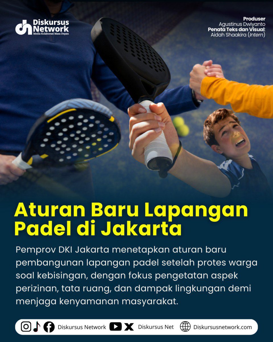 DiskursusNet's tweet image. Polemik lapangan padel di Jakarta memasuki babak baru. Pemprov DKI menetapkan aturan baru usai rapat khusus yang membahas perizinan, tata ruang, dan dampak lingkungan. Gubernur Pramono Anung menegaskan kebijakan diambil demi menjaga kenyamanan warga.

#PadelJakarta #PemprovDKI