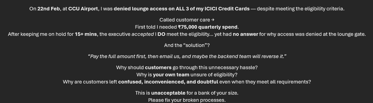 ArjanThoughts's tweet photo. Extremely disappointed with @ICICIBank &amp; @ICICIBank_Care.

#ICICIBank #CustomerExperience #CustomerServiceFail #AirportLounge #TravelIssues #ICICIFailure #DoBetter https://t.co/1aOvQieXIM