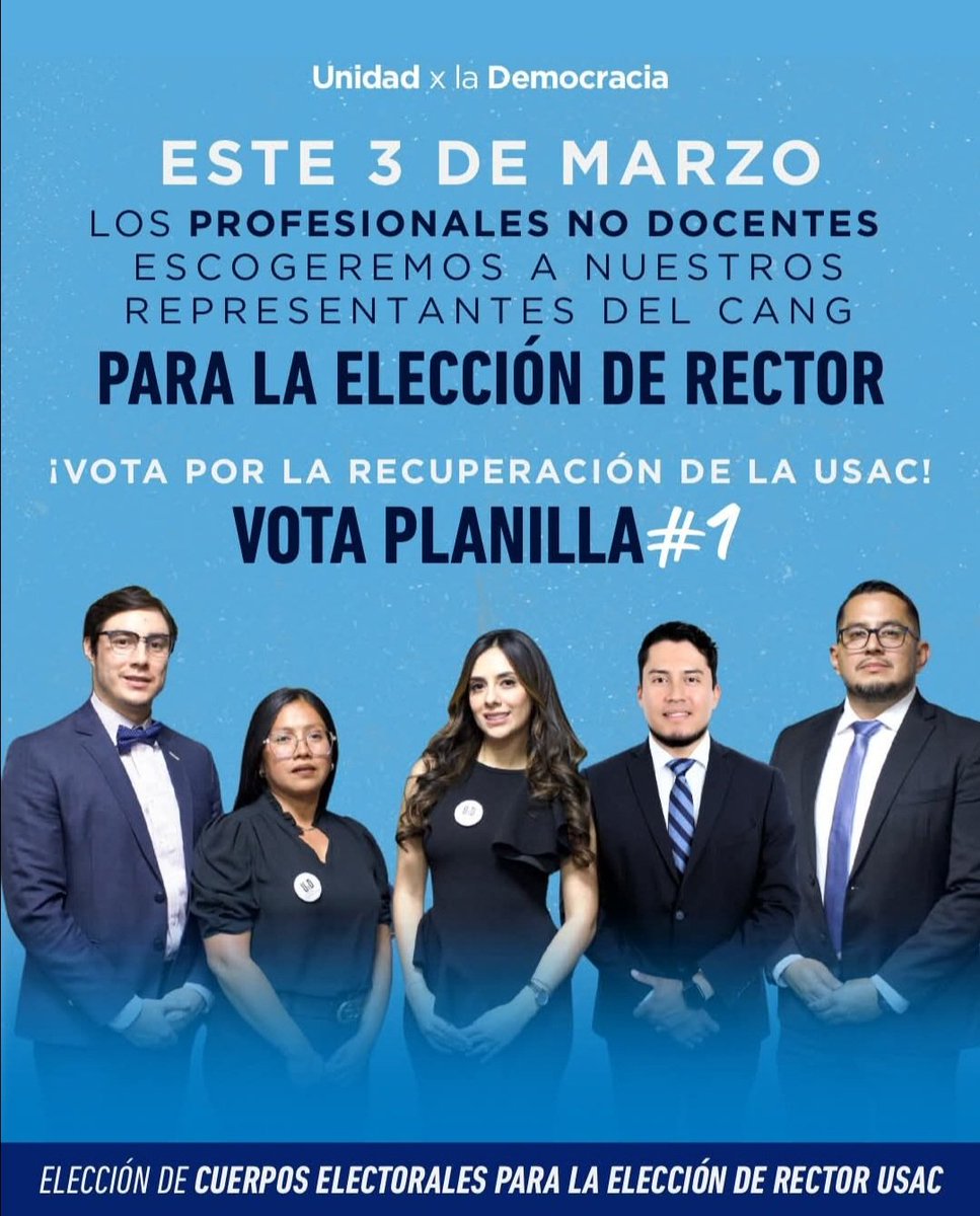 Unidad X la Democracia se une al estóico esfuerzo que están enarbolando estudiantes y profesores dignos por Recuperar la USAC. No al continuismo.
El 3 de marzo debemos ganar en el Colegio de Abogados para que gane la USAC. Planilla 1. Parque de la Industria.