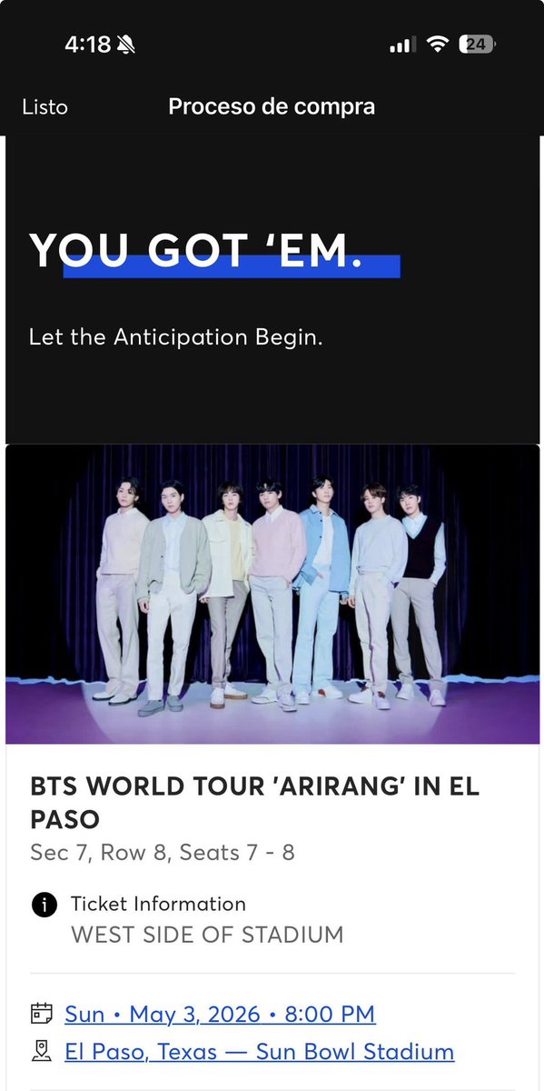 ARMY7777776's tweet photo. hi everyone I want to sell one of my tickets since the person I was going to go with got me tired of it and I kept his ticket is for the 2nd date in El Paso Texas (May 3) and the price may vary depending on what we agree worse it would be between 1100 and 1400 dollars. 

Proofs: https://t.co/LsvhHI53tX