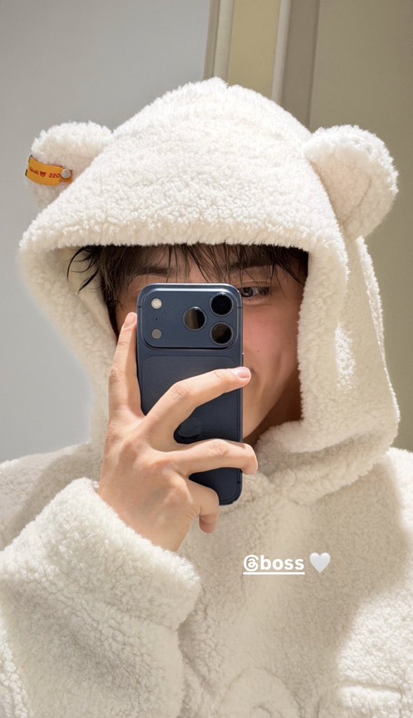 scoups wearing the bear hoodie from boss’ holiday collection 🧸 so cute!