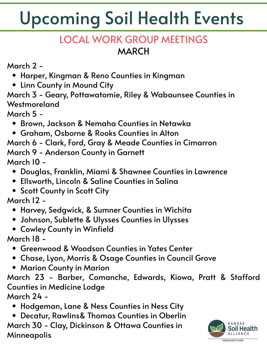 📆  Here is the last event list of February 2026!  📆
You can find more information about these events and future events on our website: kssoilhealth.org
If you know about an event that is not listed here, contact us!
