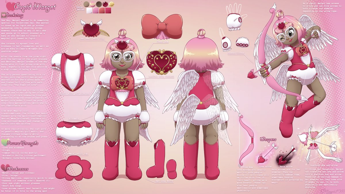 Margot from #RubyGillman dressed up as a half Magical Girl half Cupid, for Valentines day...

Made a whole character sheet for the occasion.