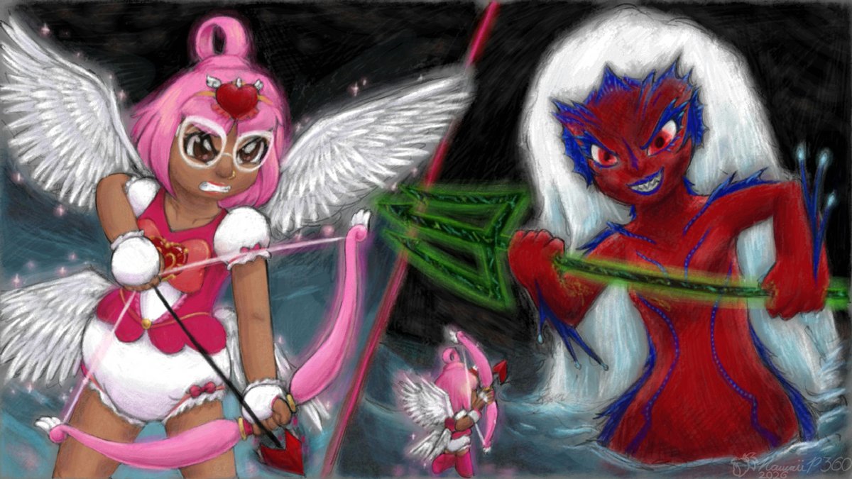 Cupid Margot vs Nerrisa. (The Angel of Love vs the Face of Death)

I always liked the idea of Margot and Chelsea having a bitter rivalry over Ruby and thought it would've been cool to see them powered up and ready to fight each other!
#RubyGillman 
#ArtAcademyHomeStudio