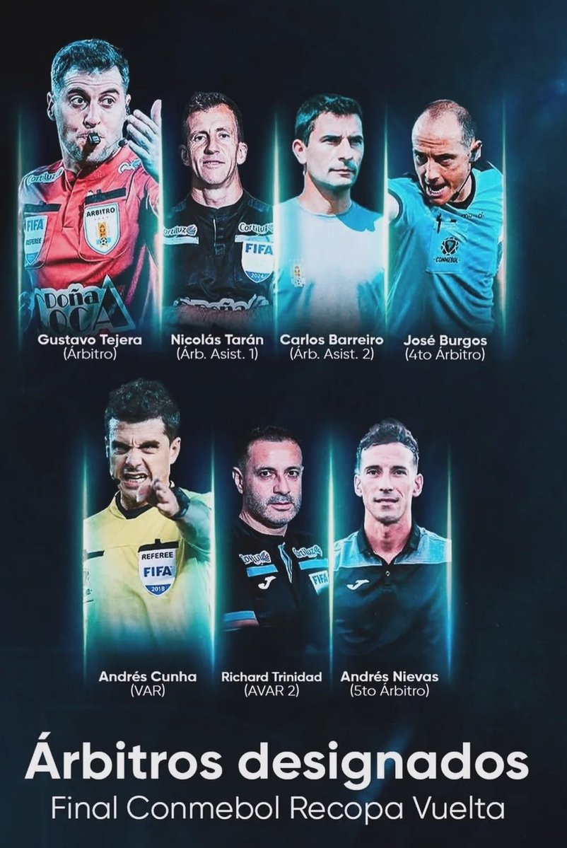 La #Conmebol designó a árbitros Uruguayos para la Final de la Recopa Sudaméricana entre <a href="/Flamengo/">Flamengo</a> y <a href="/clublanus/">Club Lanús</a> partido de vuelta. 
En la imagen los detalles pero el Árbitro central será Gustavo Tejera y en el VAR Andrés Cunha. 
Éxitos!!!