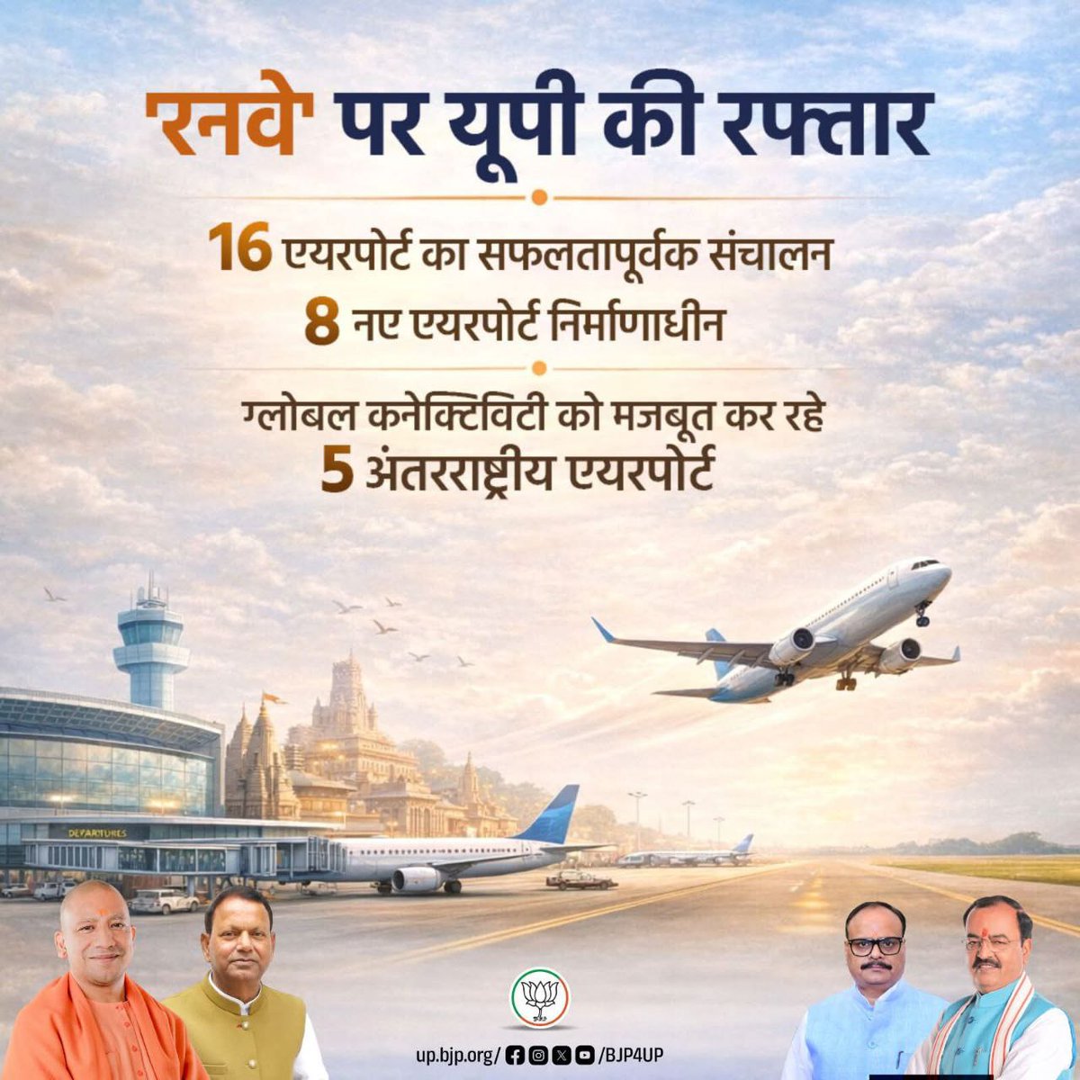 भाजपा सरकार की दृढ़ इच्छाशक्ति से उत्तर प्रदेश एविएशन कनेक्टिविटी में देश का अग्रणी प्रदेश बनकर उभर रहा है।

16 एयरपोर्ट का सफलतापूर्वक संचालन

#BJP4ViksitBharat #BJP4UP #सशक्त_यूपी_सशक्त_भारत
