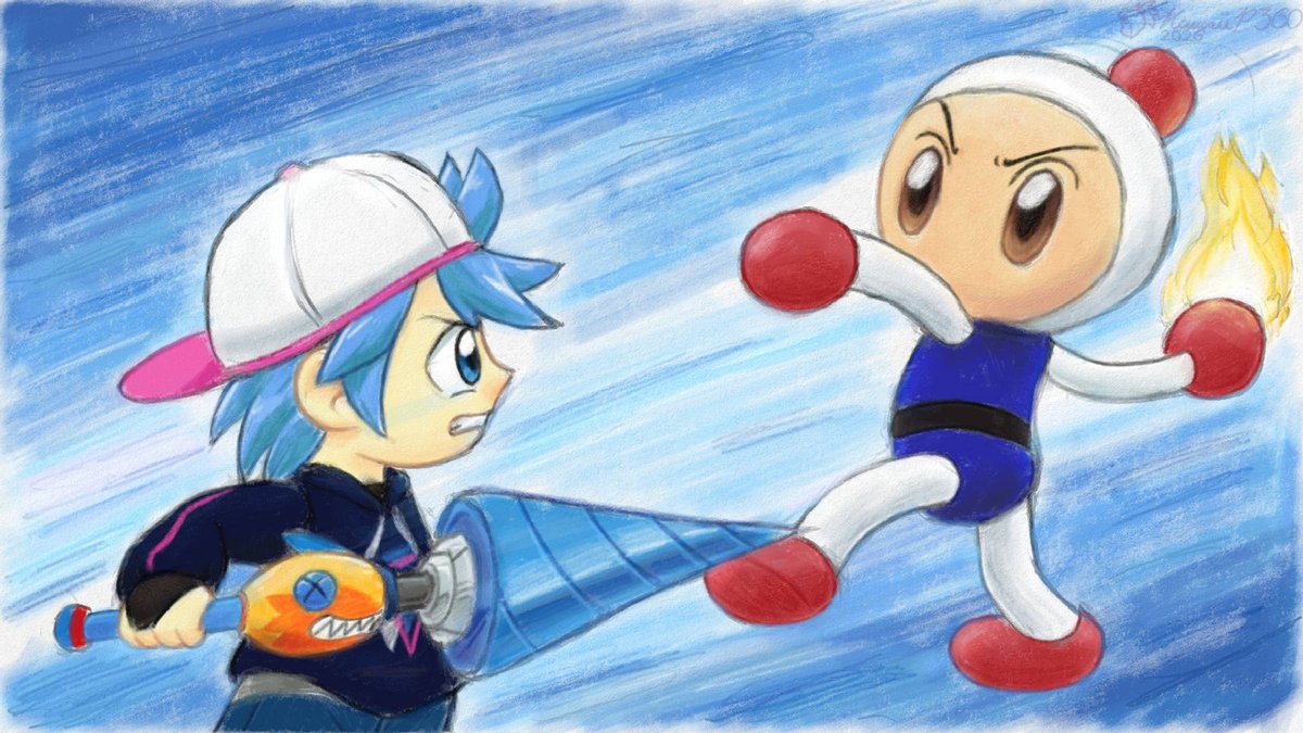 Kappei from #Ninjala vs Shiro Bon from #Bomberman 
Made in #ArtAcademyHomeStudio

This was long over due but this was made as celebration from finishing Jetters. Loved both of these animes and wanted to do some crossover fanart.