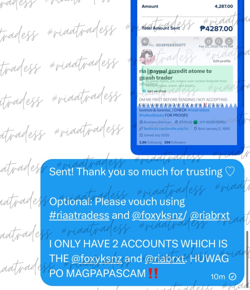 ༻ PAYPAL TO GCASH TRADE ༺

THANK YOU SO MUCH FOR TRUSTING! 

MY OLD ACCOUNT (<a href="/luvsnoo_/">ria | paypal gcredit unveri to gcash trader low</a>) WAS SUSPENDED

✧ #riaatradess
