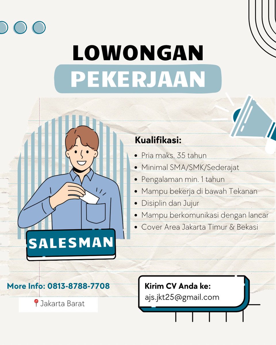 bucinnoreo's tweet photo. Hai gais,

kantorku PT Andalan Jaya Sentosa lagi nyari sales lapangan

yuk yang mau serius dan sudah berpengalaman di bidang sales boleh langsung kirim CV ke email atau chat WA ke nomor di bawah🤩

#lowonganpekerjaan #lokerjakarta #loker https://t.co/YklM9yV5lr