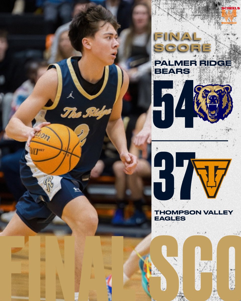 PalmerRidgeAD's tweet photo. Bears take down the Thompson Valley Eagles 54 to 37 on the back of Chaz Connors who scored 27 points tonight. The Bears will now travel to Cheyenne Mountain on Friday night for the second round of the CHSAA 5A playoffs.
#SkoBears https://t.co/P6lQ9Rbggb