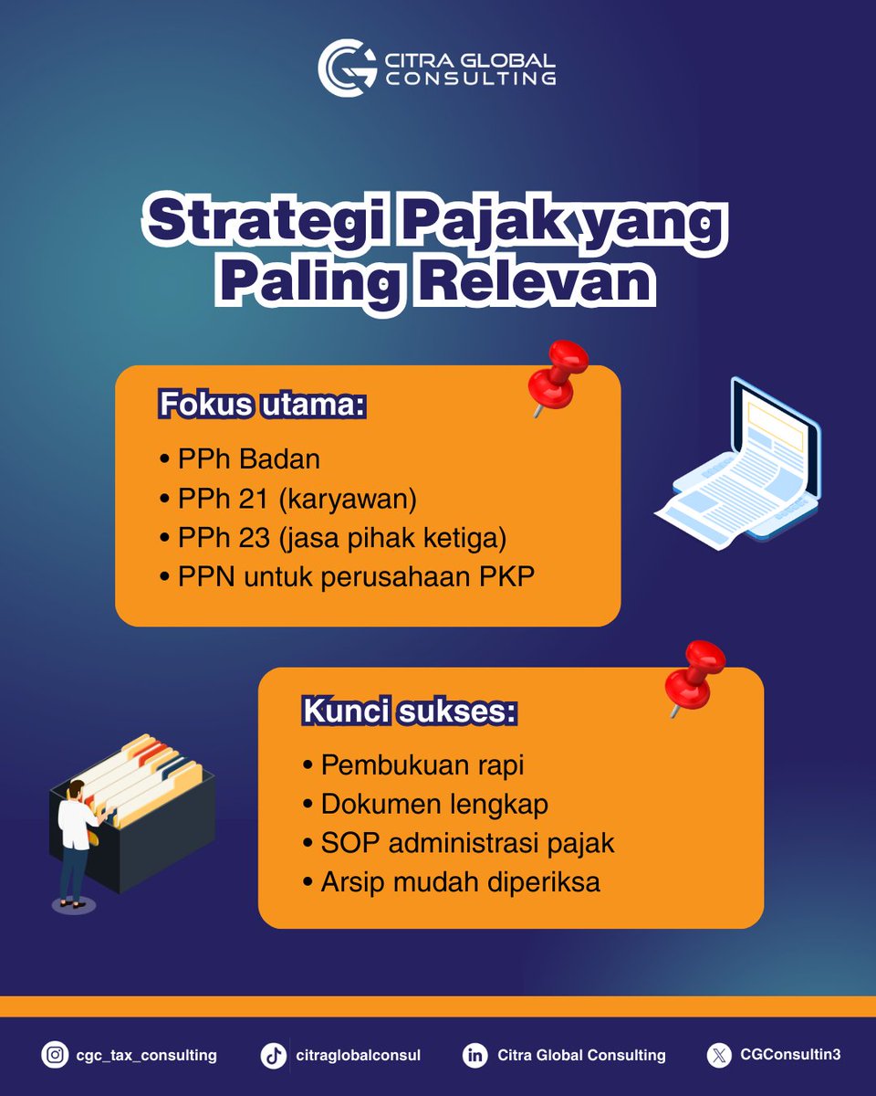 CGConsulting3's tweet photo. Bisnis jasa di Banjarmasin bisa hemat pajak? Bisa banget! Dengan tax planning yang tepat, kamu bisa atur cashflow, tekan beban pajak, dan hindari risiko denda.

Jangan tunggu diperiksa, evaluasi strategi pajakmu sekarang.
#KonsultanPajakBanjarmasin #TaxPlanning #PajakBisnis #PPh https://t.co/iiRHOhfQku
