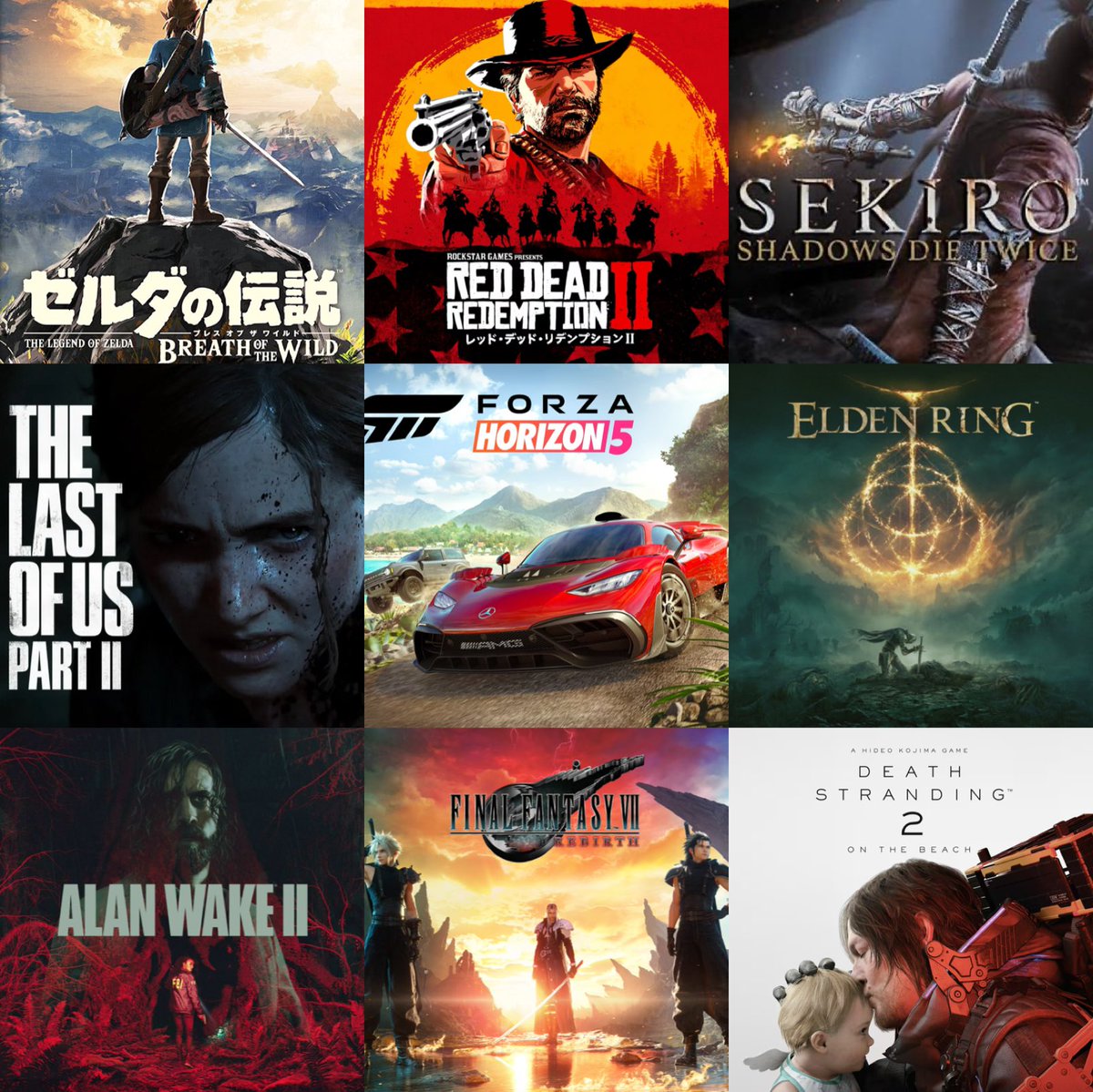 ゲーム復帰した2017年3月3日以降の #私を構成する9つのゲーム 
本当はスプラ2やゼノブレ2も入れたいです

2017 ゼルダの伝説BotW
2018 RDR2
2019 SEKIRO
2020 ラストオブアス2
2021 フォルツァホライゾン5
2022 エルデンリング
2023 アランウェイク2
2024 FF7リバース
2025 デスストランディング2