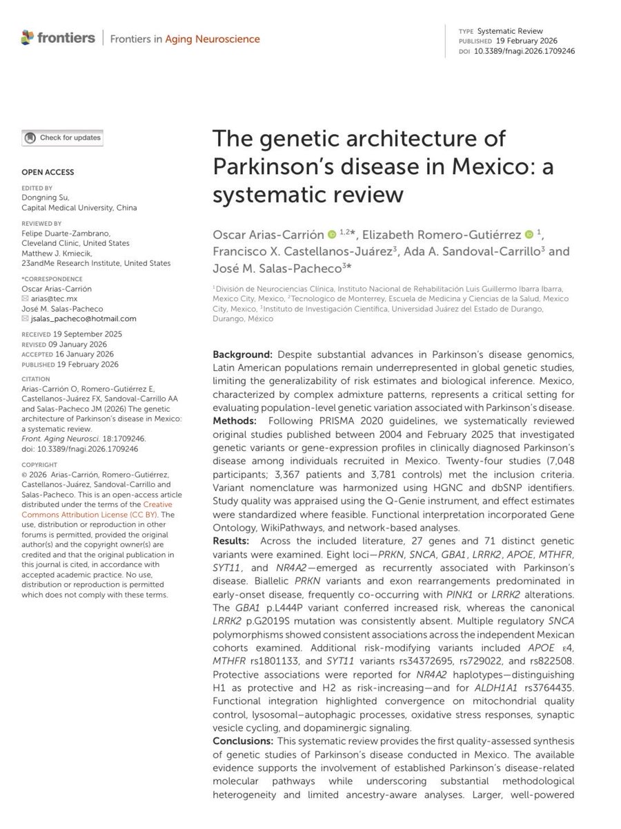 En un país como México, sintetizar la evidencia genética del Parkinson permite evaluar cómo la variación poblacional modula mecanismos biológicos conocidos. Esta revisión integra dos décadas de estudios y muestra convergencia en genes centrales de la fisiopatología.

PRKN destaca