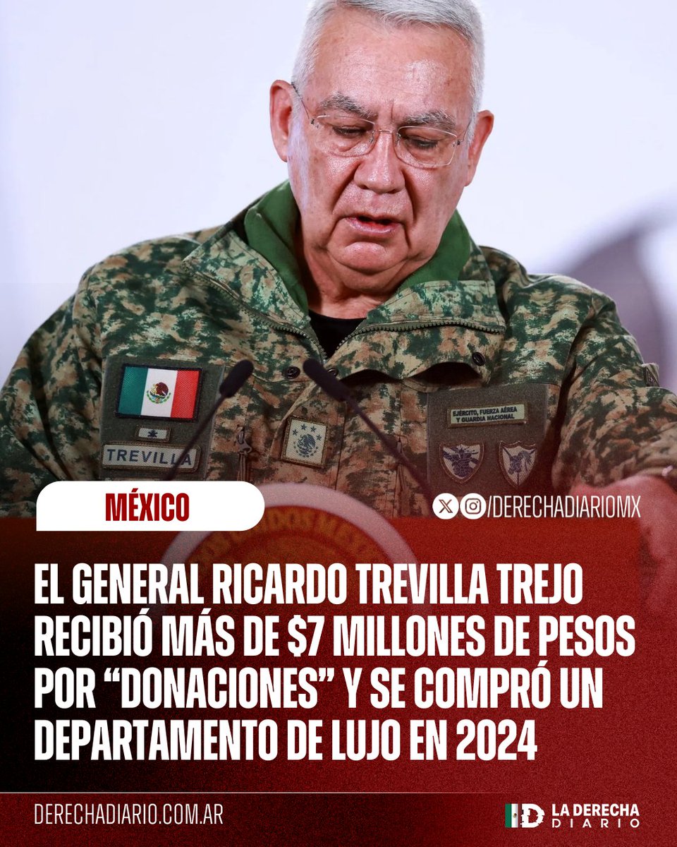 🚨🇲🇽 | LLORÓ PORQUE TENDRÁ QUE DEVOLVER SU DINERO DEL NARCO: El secretario de la Defensa Nacional, Ricardo Trevilla Trejo, recibió más de 7 millones de pesos por el concepto de "donación" y adquirió un departamento de más de 14 millones en 2024, reveló el periodista <a href="/jorgegogdl/">Jorge García Orozco</a>.