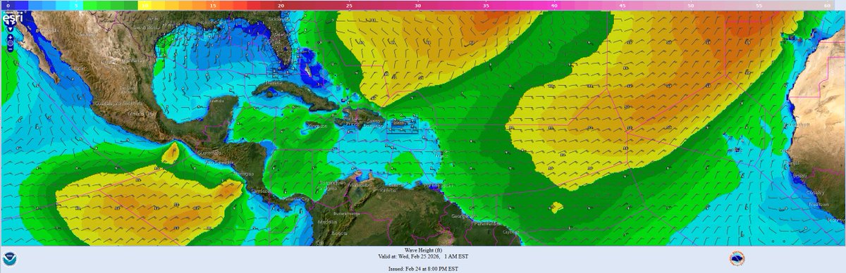 NHC_TAFB's tweet image. 🌊 2/24 - Two large swell areas dominate the tropical Atlantic producing rough to very rough seas. In the EPAC, rough to very rough seas extend downstream from the Gulfs of Tehuantepec and Papagayo.
Latest marine forecast at hurricanes.gov/marine #marinewx #EPAC #Atlantic⚓️