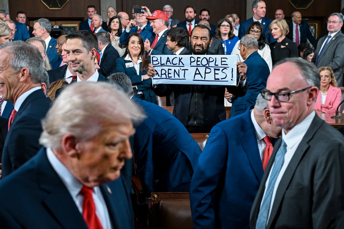 atrupar's tweet image. Incredible shot of Rep. Al Green holding up a "BLACK PEOPLE AREN'T APES!" sign with Trump in the foreground from photographer Kenny Holston (Getty)