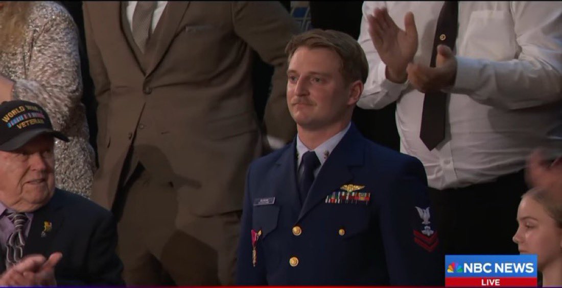 🚨 BREAKING: Trump awards Legion of Merit to Scott Ruskan, the Coast Guard swimmer who rescued 165 people in Texas floods—his first mission! Absolute hero 🇺🇸💪  #SOTU2026
