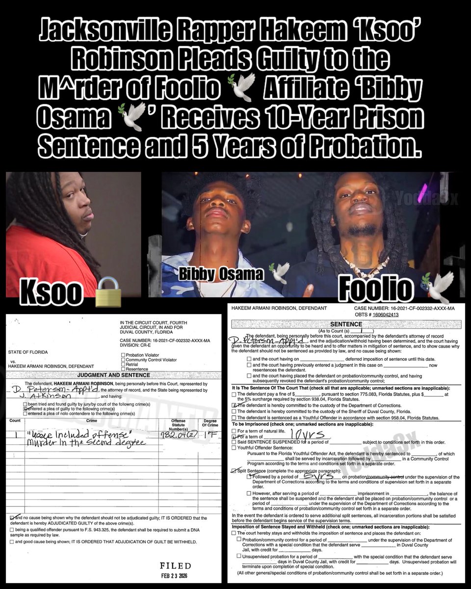 yodda3x's tweet photo. Jacksonville, Florida Rapper Ksoo pleads guilty to second degree murder in the murder of #bibby 🕊️ @Espn_Foolio 🕊️ close affiliate, and Is ordered to serve 10 years in prison followed by 5 Years of probation for the murder. #ksoo #foolio https://t.co/UpqDBdfSyn