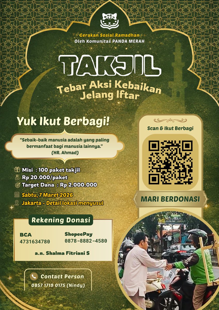 Helo ges.. 
Jadi aku &amp; <a href="/yakuniwa_1725/">Yasmin Nur'aini</a> punya komunitas belajar bahasa namanya Panda Merah. 
Ramadhan ini kita mau adain program berbagi takjil, targetnya 100 paket, doain ya semoga tercapai🥹
Klo mootsku disini ada yg mau ikut donasi boleh bgt ya🫶🏻 bisa lgsung scan qr di flyer🌻