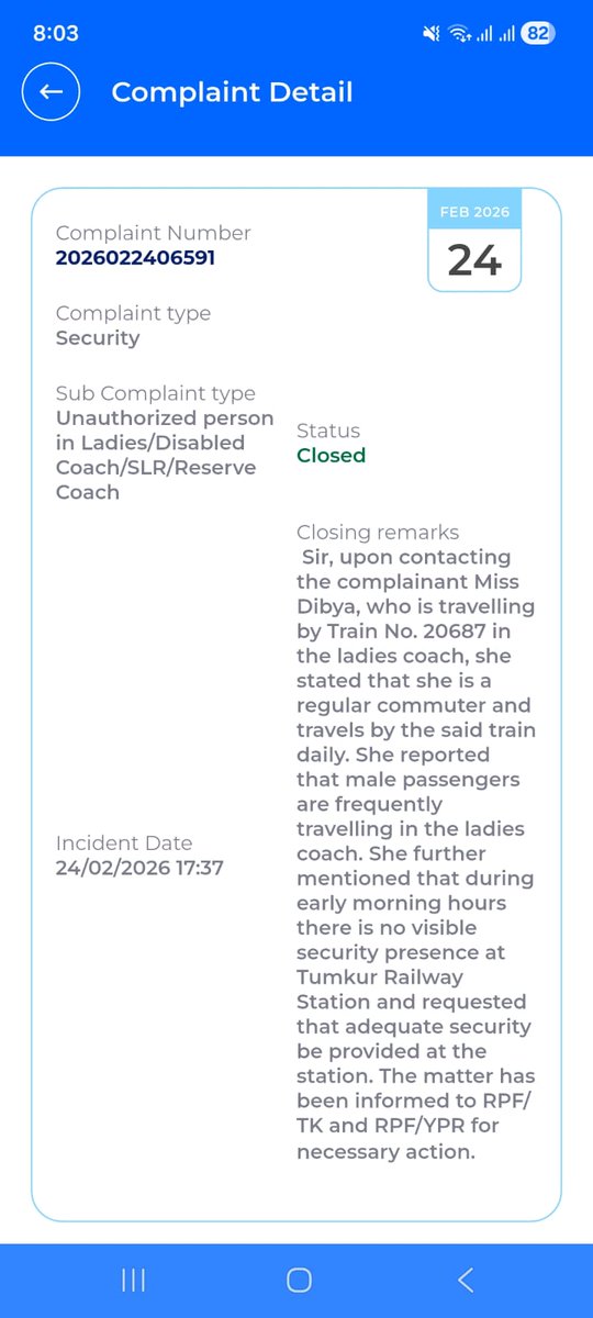 rameshkaranam's tweet photo. @AshwiniVaishnaw @VSOMANNA_BJP @drmsbc @rpfsbc  the attached complaint. In turn the lady commuter, the complainant got abuse in singular from RPF staff.. Pl look into it sir https://t.co/3S2gJ6pvb0