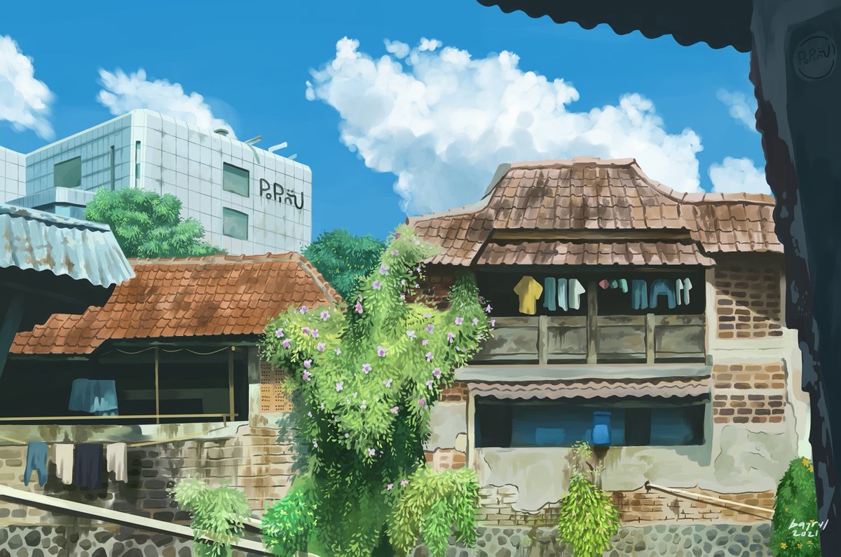 bajrul's tweet photo. Hi I'm bajrul. I love drawing roofs and clouds with little bit of ordinary local buildings and plants. Or some water tanks if ever there was one. Usually there was. https://t.co/Rws1Ban2Zx