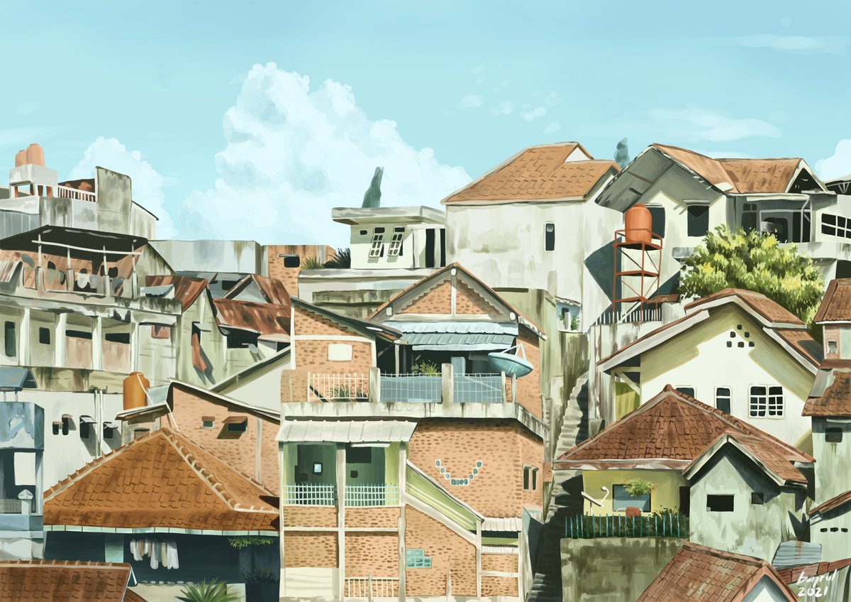 bajrul's tweet photo. Hi I'm bajrul. I love drawing roofs and clouds with little bit of ordinary local buildings and plants. Or some water tanks if ever there was one. Usually there was. https://t.co/Rws1Ban2Zx
