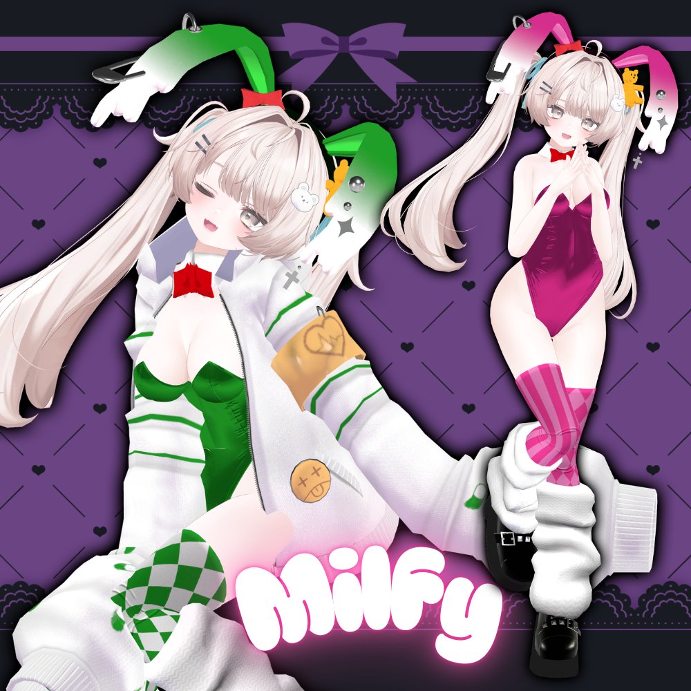 AILE_VRC's tweet photo. 【SICKLY BUNNY】しお、ミルフィをリリースしました！
フルパックをお買い求めの方は無料でDL可能です。
またしなの、まつりVerについてもテクスチャの追加、修正を行っておりますので再度DLしてお使いください。
別ポストにてプレゼント企画を行います！
https://t.co/IRF0ttezxY
#VRC_AILE #VRChat https://t.co/btyK5szQUQ