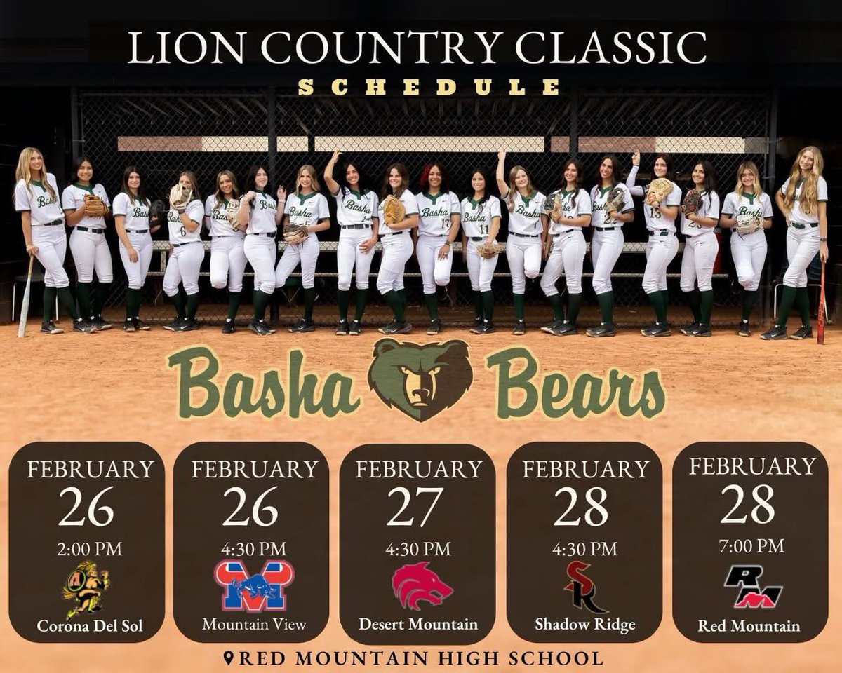 basha_softball's tweet photo. LION COUNTRY CLASSIC

Schedule drop for the Lion Country Classic hosted by Red Mountain High School. Come on out to support your Basha Bears!! 🐻

Let’s go Bears!!  

#weareone #gobears🐻🥎 https://t.co/G1OkfUSLz3