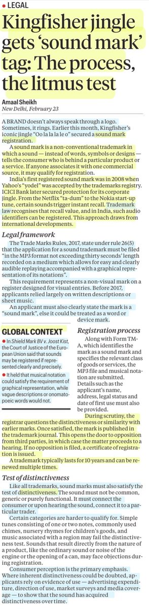 imRavikantYadav's tweet image. Kingfisher jingle gets 'Sound Mark' tag: The process, the litmus test

:Details by Ms Amaal Sheikh
@AmaalSheikh5 

#SoundMark #Distinctiveness
#trademark 
#Law

#UPSC 

Source: IE