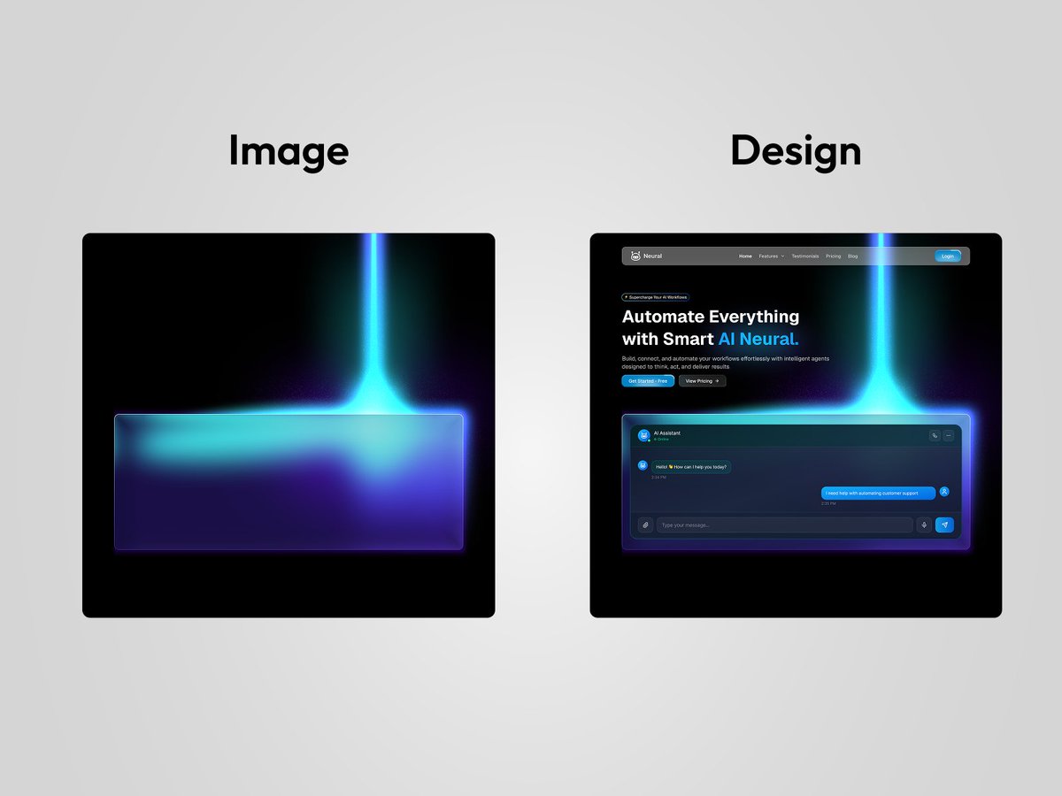 Saw a lot of love for the Neural hero design recently 👀

So I thought why not share a little behind the scenes.
This futuristic hero actually started from a simple abstract image. Just played with lighting, depth, UI layering and turned it into a full hero concept.

Sometimes