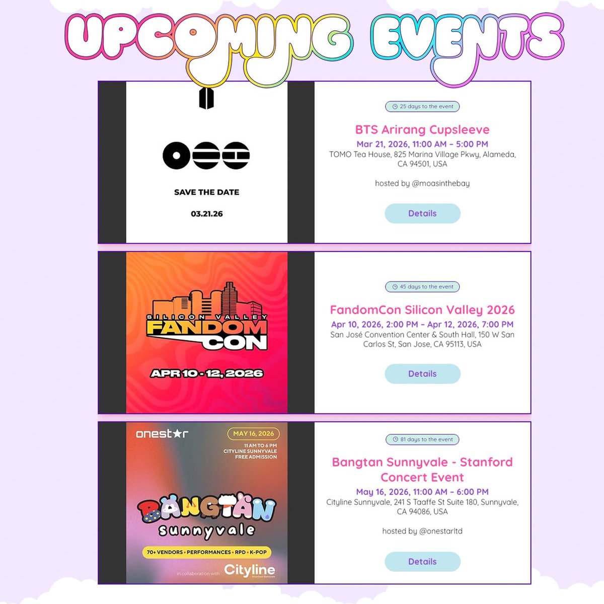 HaedalDesigns's tweet photo. Bay Area besties—I’m finally OUTSIDE 😭✨ My first in-person events since relocating!

🗓️ 3/21 BTS Arirang Cupsleeve (11–5) @ TOMO Tea House, Alameda
🎮 4/10–12 FandomCon Silicon Valley, San Jose
💥 5/16 Bangtan Sunnyvale (11–6), Cityline Sunnyvale

Come shop the rainbow 🫶💖 https://t.co/cBeURJkUAO