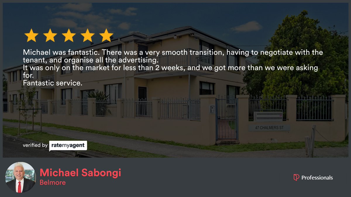 MichaelSabongi's tweet photo. My latest RateMyAgent review in Belmore.
Real Estate Class 2 143496
https://t.co/d5SQRpzmQL

...
#ratemyagent #realestate #Professionals_Belmore https://t.co/pC9NCtzp3I