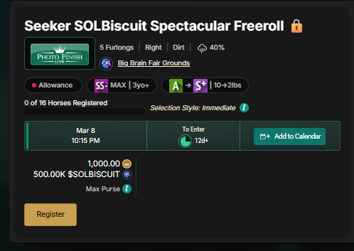 We see <a href="/solanamobile/">Seeker | Solana Mobile</a> players on the track and want to bring more of you back!

500k of <a href="/solbiscuithorse/">Solana Horse | Solbiscuit</a> in a freeroll (with 1k $Crown) called the Seeker SolBiscuit Spectacular! Simply hit the track &amp; you're eligible!

photofinish.live/races/season00…

<a href="/solanagaming/">Solana Gaming</a>