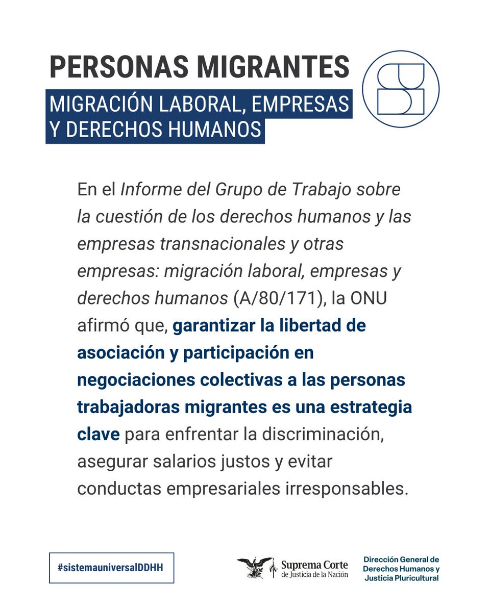 ddhh_scjn's tweet image. 🇺🇳Recientemente, el Grupo de Trabajo de la #ONU sobre #DDHH y empresas publicó un informe que aborda los derechos de las personas trabajadoras #Migrantes en contextos transfronterizos y las responsabilidades de Estados y empresas. Más información: docs.un.org/es/A/80/171 
#DGDHJP