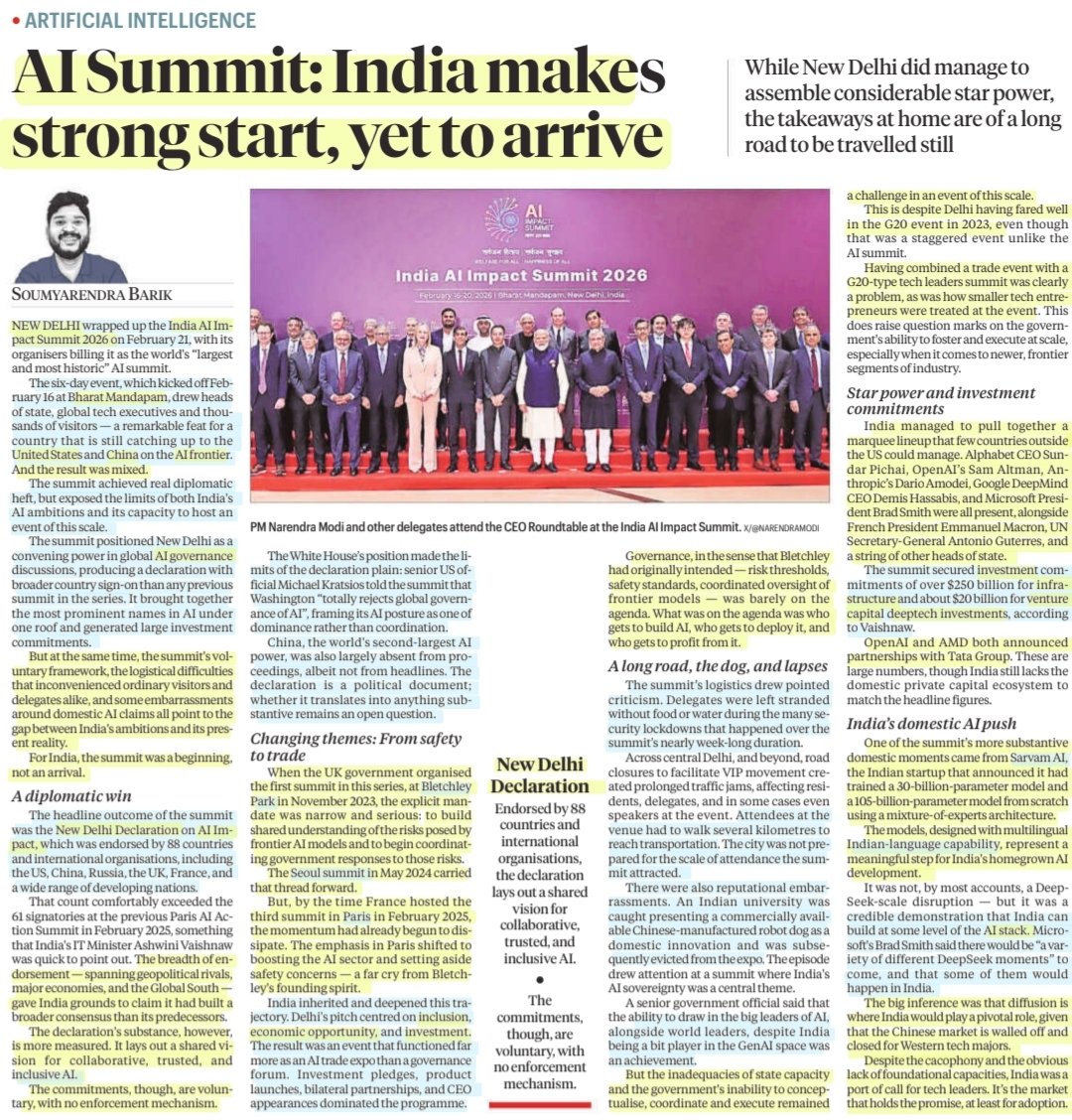 imRavikantYadav's tweet image. AI Summit: India makes strong start, yet to arrive

:An informative article by Sh Soumyarendra Barik
@imsoumyarendra 

#IndiaAIImpactSummit2026 #AIfrontier #aistack #AIGovernance 
#NewDelhiDeclaration #India #ArtificialIntelligence 
#Investments #Technology
#LLMs 

#UPSC