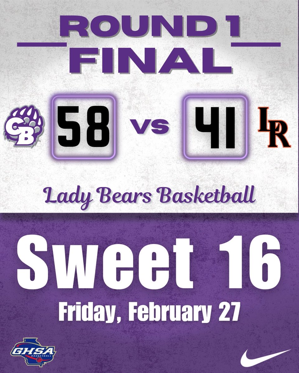 CBluff_WBB's tweet photo. Moving on to the Sweet 16! #OutworkYesterday #LadyBears 🐻💜🏀

@Clairecarlson03 22p,6r,5a,6s,3b
@BristolKersh9 13p,2r,8a,2s
H.Wilson: 10p,4r,1b
@AudreyGraham54 8p,3r,1a
E.Jones: 2p,7r,1charge 
@WarrenMackinley 2p,1s
N.Harbuck: 1p,2r,1a,1s https://t.co/hw7reuePoF