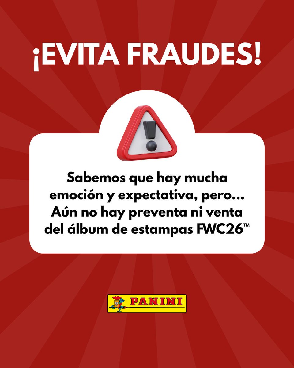 Aviso a la comunidad coleccionista

Panini México informa que NO EXISTE PREVENTA NI VENTA OFICIAL del álbum FWC26™.

Cualquier oferta fuera de nuestros canales verificados no está autorizada. Consulta únicamente medios oficiales para evitar fraudes y asegurar una compra segura.