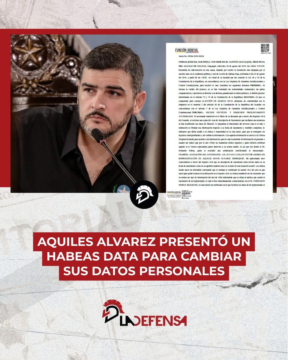 AQUILES ALVAREZ PRESENTÓ UN HABEAS DATA PARA CAMBIAR SUS DATOS PERSONALES

El alcalde de Guayaquil, Aquiles Alvarez, presentó un Habeas Data en 2019 para cambiar sus datos personales, alegando inconsistencias en la fecha de nacimiento y en su apellido materno.

Los problemas