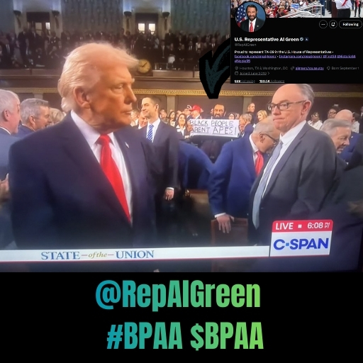 EpicTrader777's tweet photo. #BlackPeopleArentApes $BPAA #BPAA @RepAlGreen #Stateoftheunion #SOTU2026 https://t.co/HDFLOgWEwT