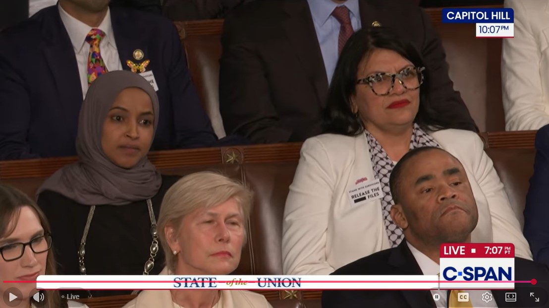 U.S. Rep. <a href="/RashidaTlaib/">Rashida Tlaib</a>, D-Detroit, wearing a "Fuck ICE" button at Trump's State of the Union address.

She also appears to have a tag that says "release the files" with one word (read: Epstein) redacted.

#SOTU2026